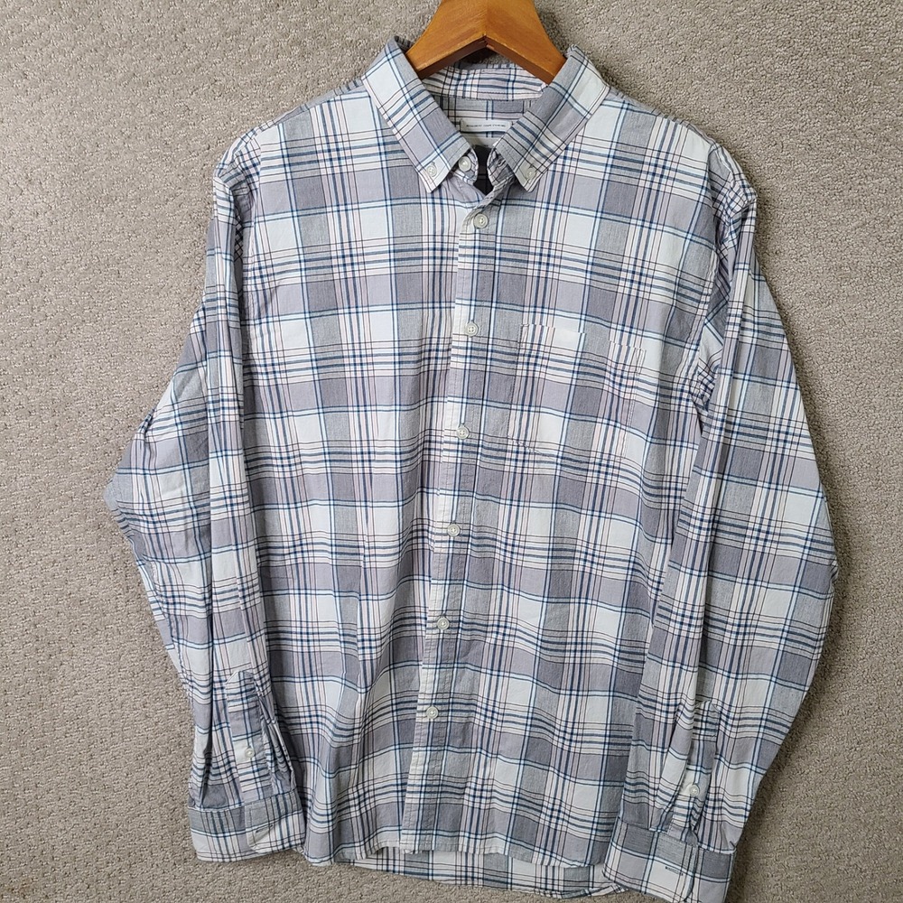 Old Navy Shirt Men L Gray Blue Pink Plaid Regular Fit Button Down Cotton Stretch